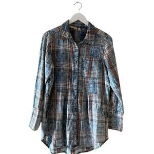 Soft Surroundings plaid shirt long sleeve women tie dye washed tunic Sz S # 1850